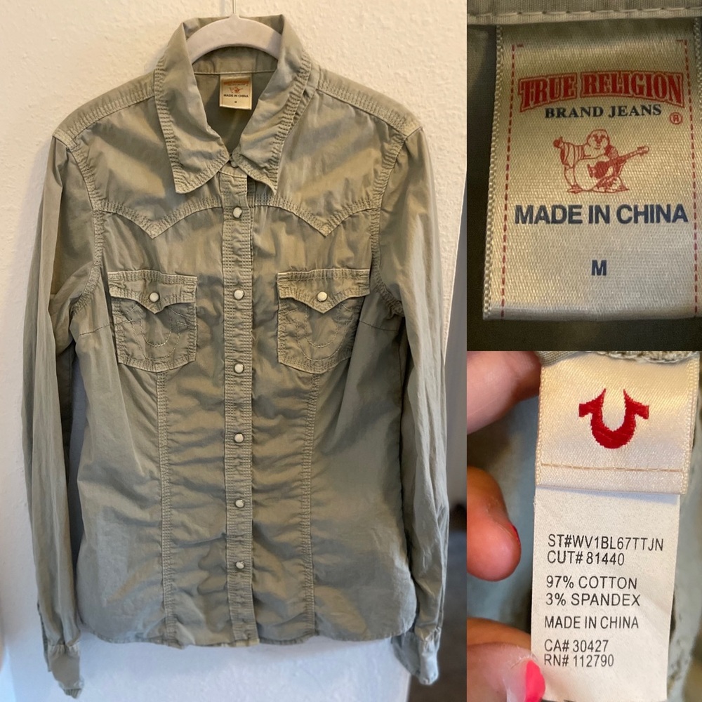 True Religion Olive green snap button shirt